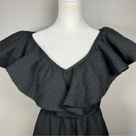 Chelsea28 Black Ruffle Neckline A-line Midi Dress Size XS Elastic Waist V-back - Picture 3 of 12